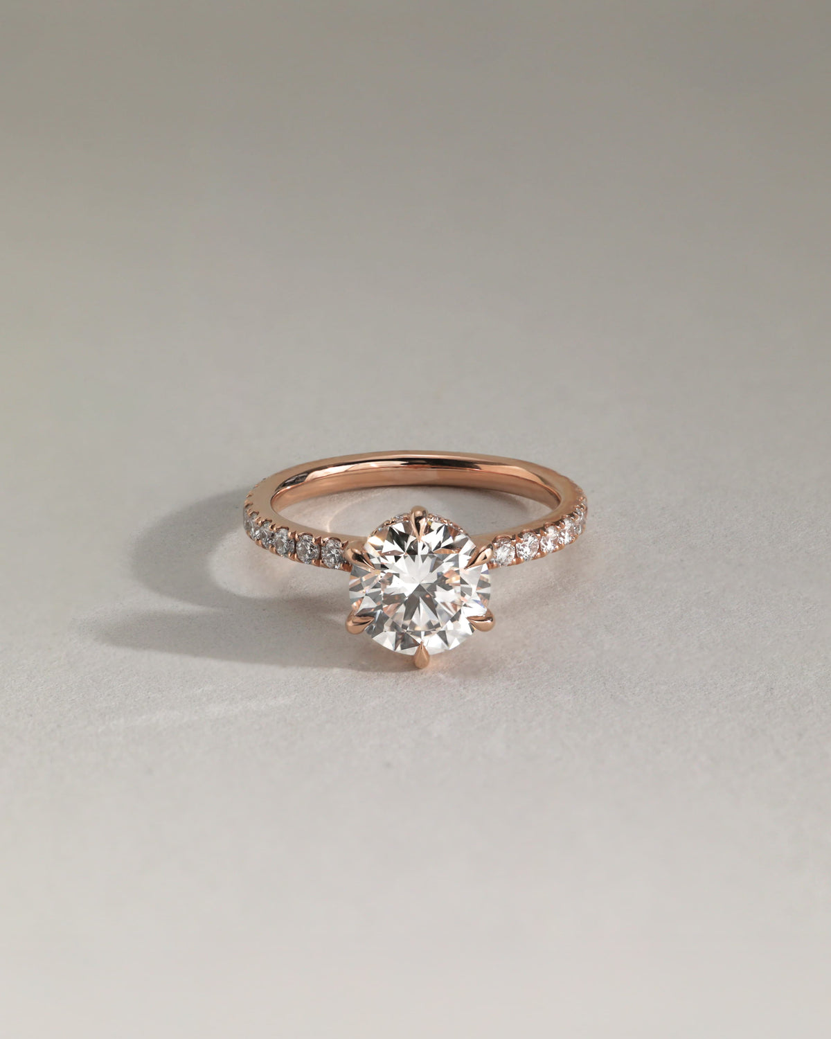 Amanda - Round Claw Solitaire with Wrap Around Hidden Halo and Pave Band Engagement Ring - Yellow Gold - yellow gold - Lara Jewels