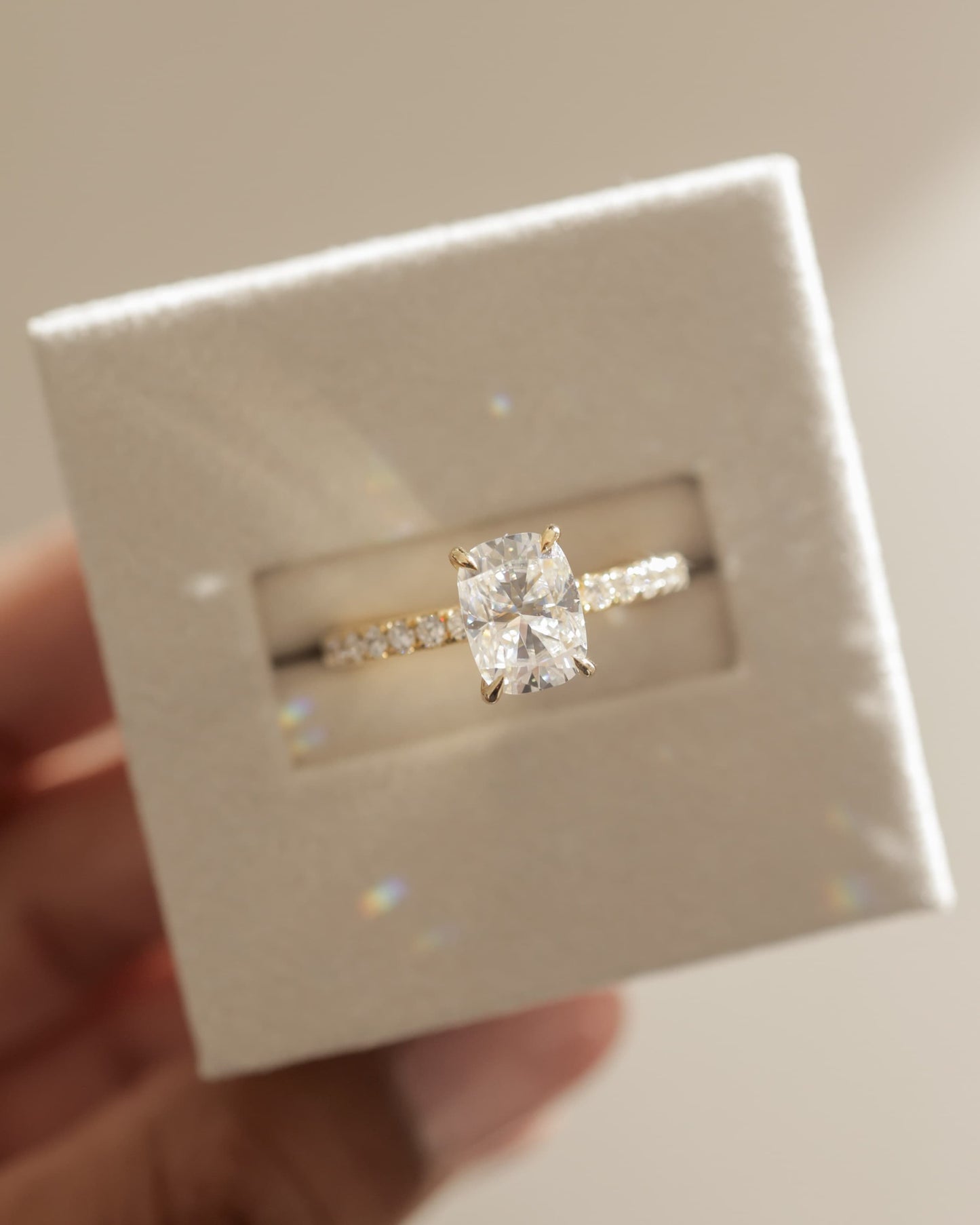 Camilla - Elongated Cushion Claw Solitaire with Hidden Halo and Pave Band Engagement Ring - Rose Two-Tone