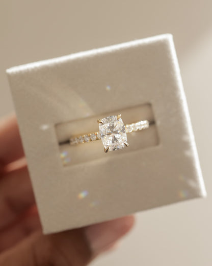 Camilla - Elongated Cushion Claw Solitaire with Hidden Halo and Pave Band Engagement Ring - Yellow Gold