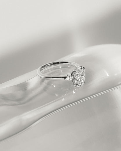 Elena - Oval Claw Trilogy with Pear Side Stones and Tulip Detail Engagement Ring - Yellow Two-Tone