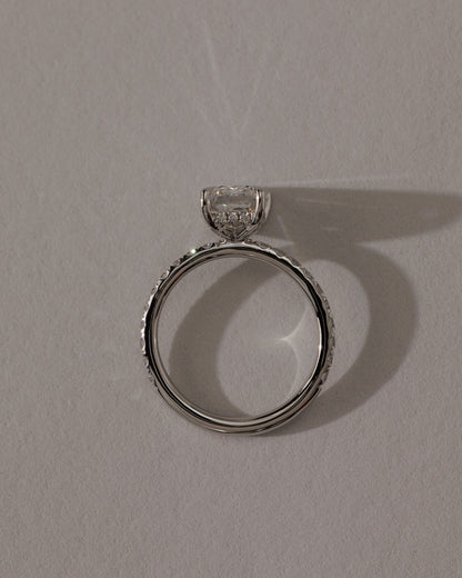 Gwyneth - Emerald Claw Solitaire with Hidden Halo and Pave Band Engagement Ring - Platinum