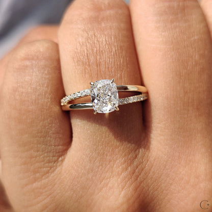 Cushion Cut Diamond Engagement Ring In Split Pave Style