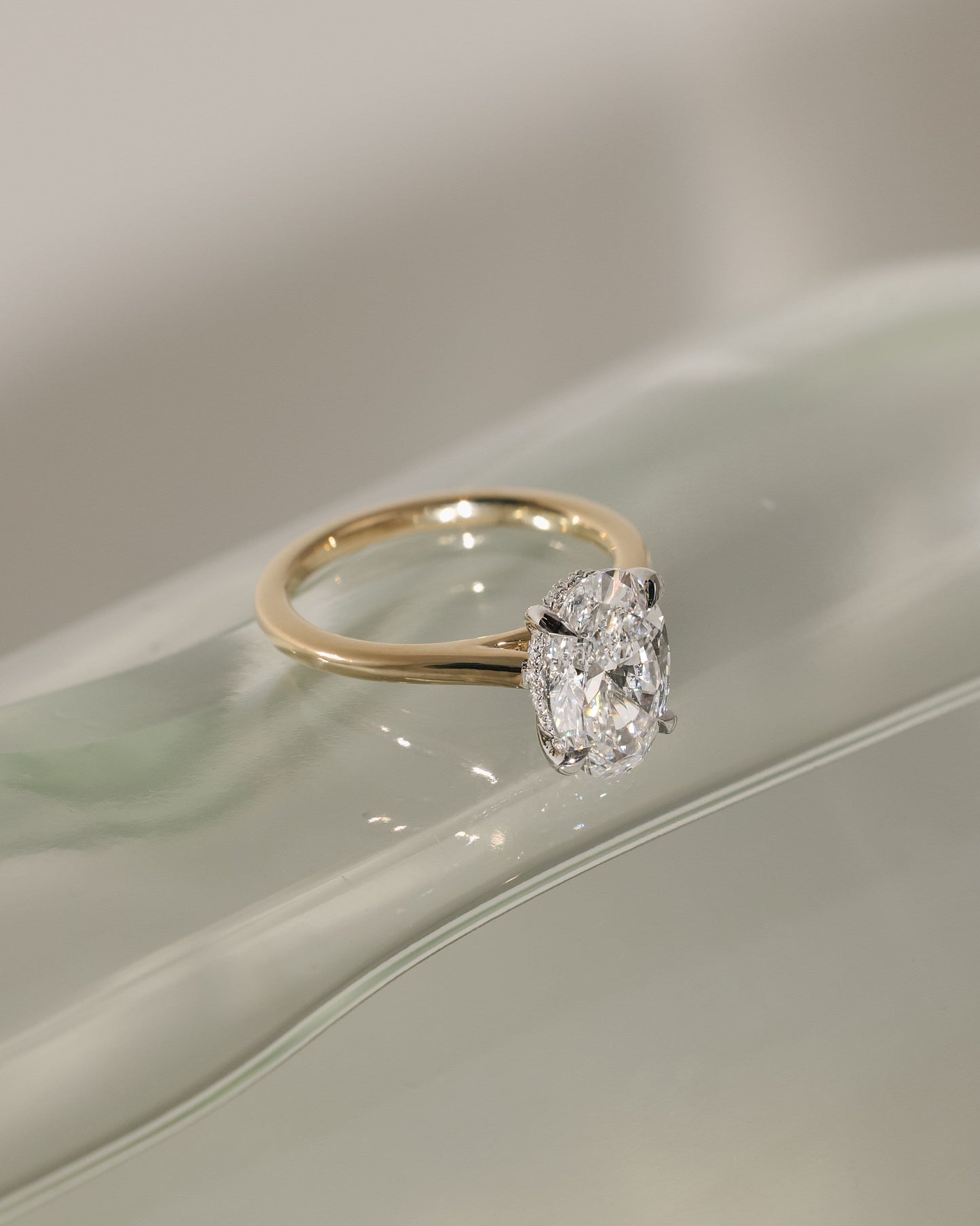 Scarlett - Oval Claw Solitaire with Hidden Halo and Cathedral High Setting Engagement Ring - Platinum