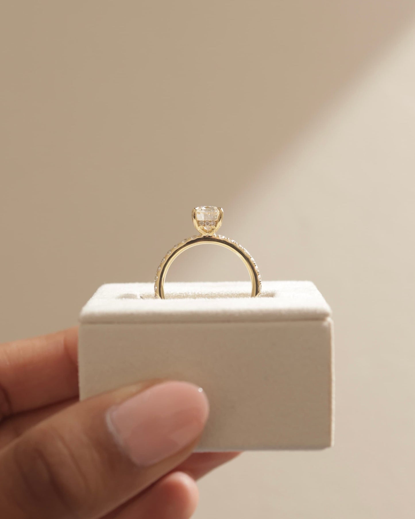 Camilla - Elongated Cushion Claw Solitaire with Hidden Halo and Pave Band Engagement Ring - Yellow Gold
