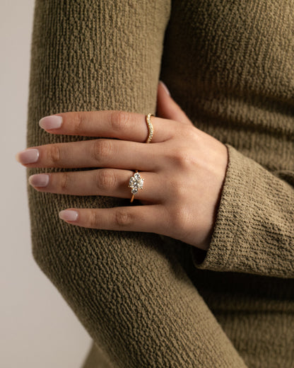 Charmaine - Elongated Cushion Claw Trilogy with Round Side Stones and Lily Detail Engagement Ring - Yellow Gold