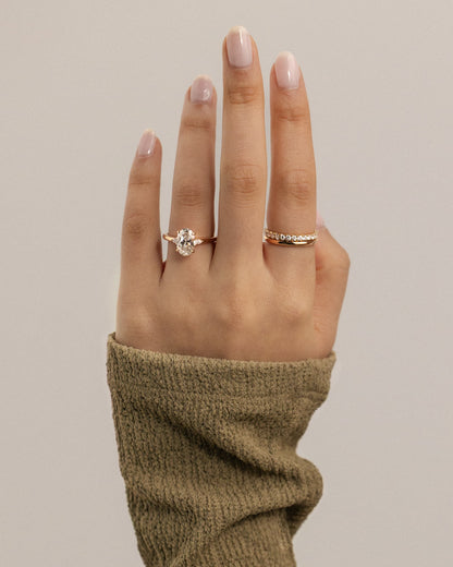 Elena - Oval Claw Trilogy with Pear Side Stones and Tulip Detail Engagement Ring - Yellow Gold