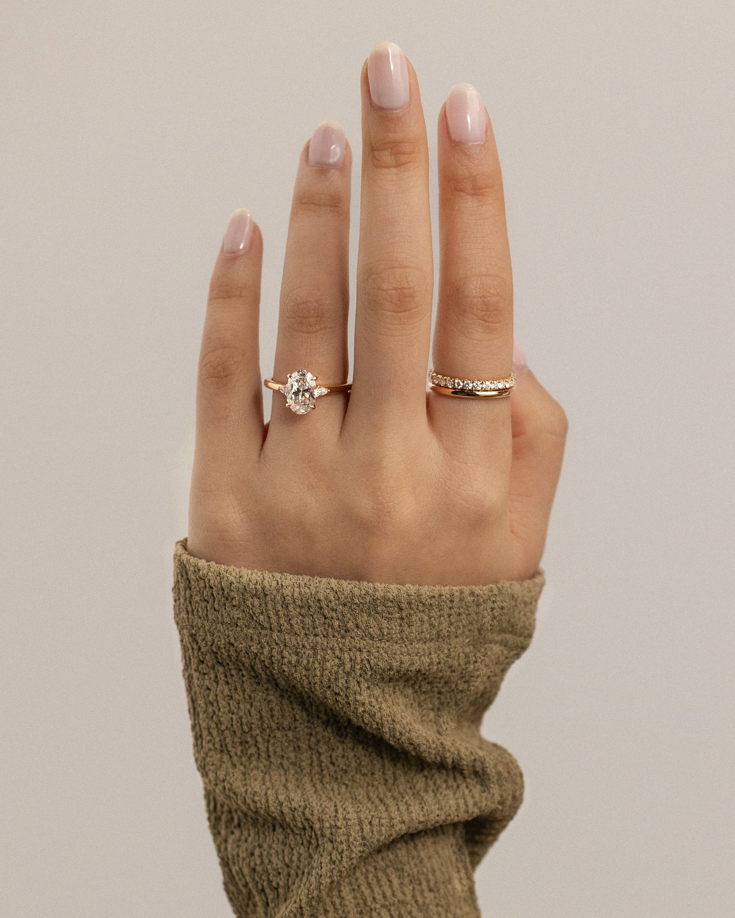 Elena - Oval Claw Trilogy with Pear Side Stones and Tulip Detail Engagement Ring - Rose Gold