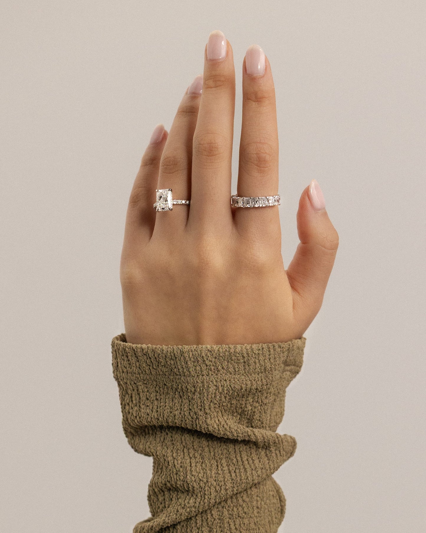 Thea - Radiant Claw Solitaire with Hidden Halo and Pave Band Engagement Ring - Rose Two-Tone