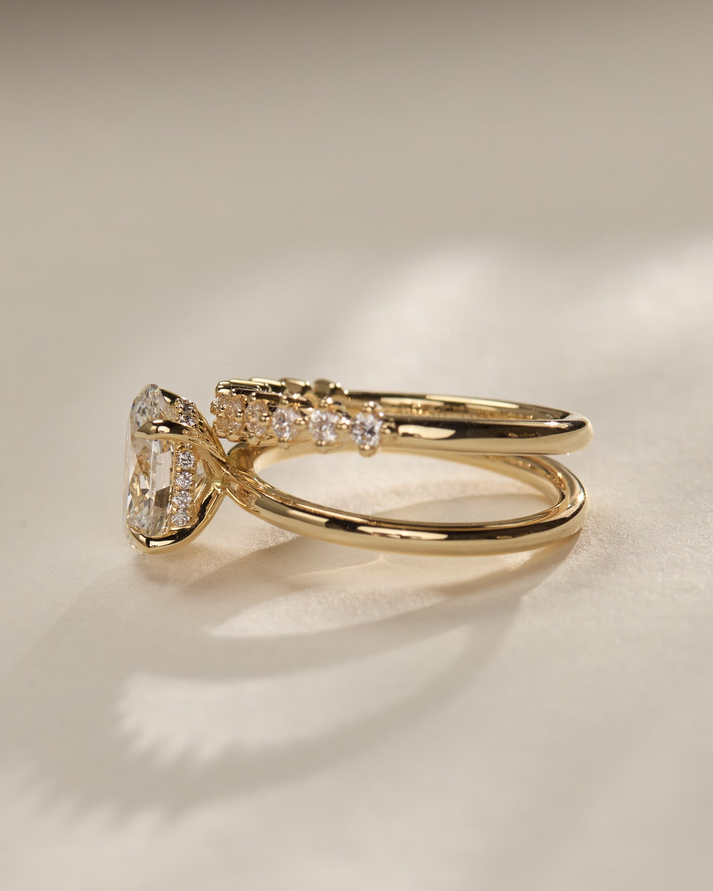 Athena - Oval Claw Solitaire with Double Plain-and-Round-Accent Stones Band Engagement Ring - Rose Two-Tone - Lifestyle