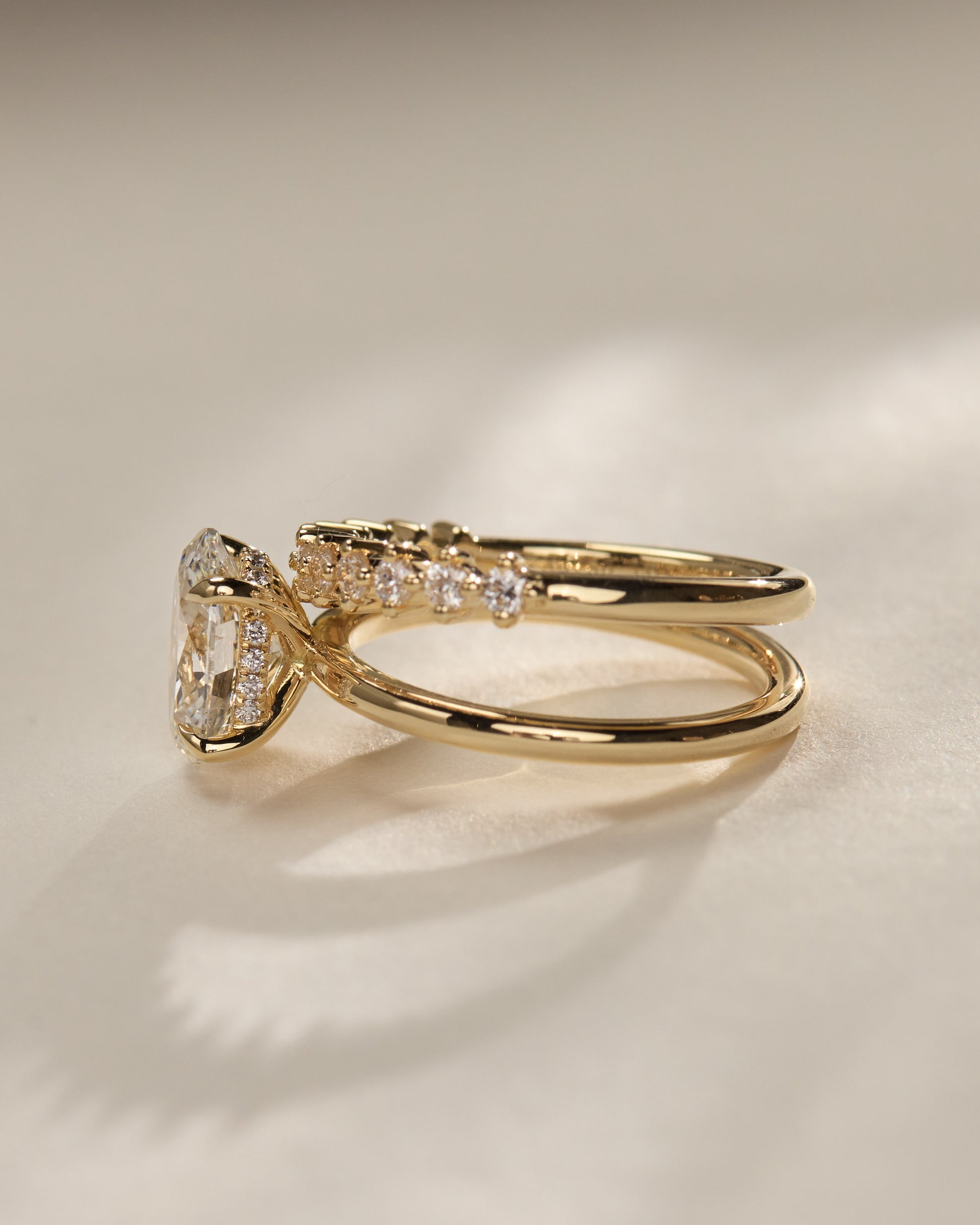 Athena - Oval Claw Solitaire with Double Plain-and-Round-Accent Stones Band Engagement Ring - Rose Two-Tone - Lifestyle
