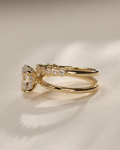 Athena - Oval Claw Solitaire with Double Plain-and-Round-Accent Stones Band Engagement Ring - White Gold