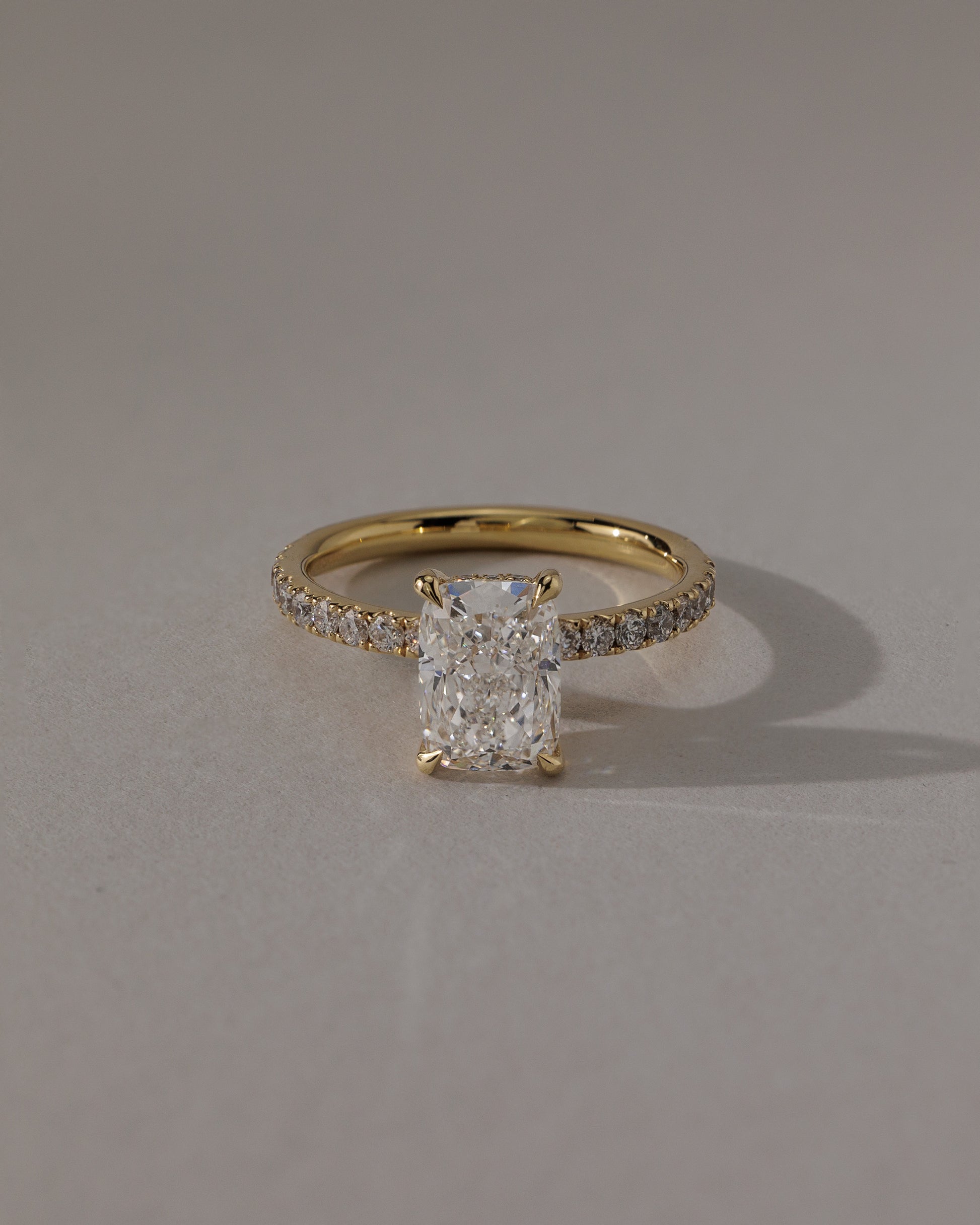 Camilla - Elongated Cushion Claw Solitaire with Hidden Halo and Pave Band Engagement Ring - Rose Two-Tone - Lifestyle