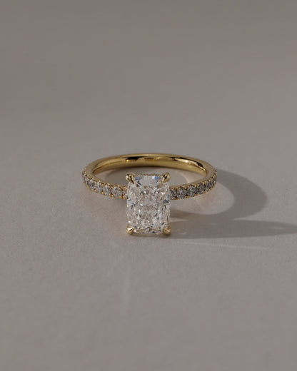 Camilla - Elongated Cushion Claw Solitaire with Hidden Halo and Pave Band Engagement Ring - Yellow Gold