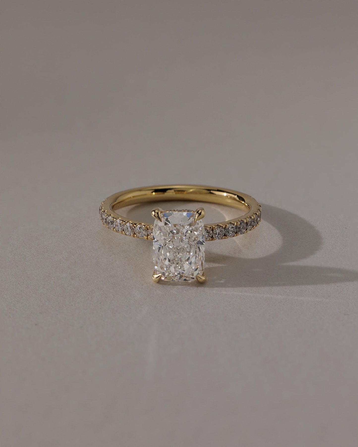 Camilla - Elongated Cushion Claw Solitaire with Hidden Halo and Pave Band Engagement Ring - Yellow Two-Tone