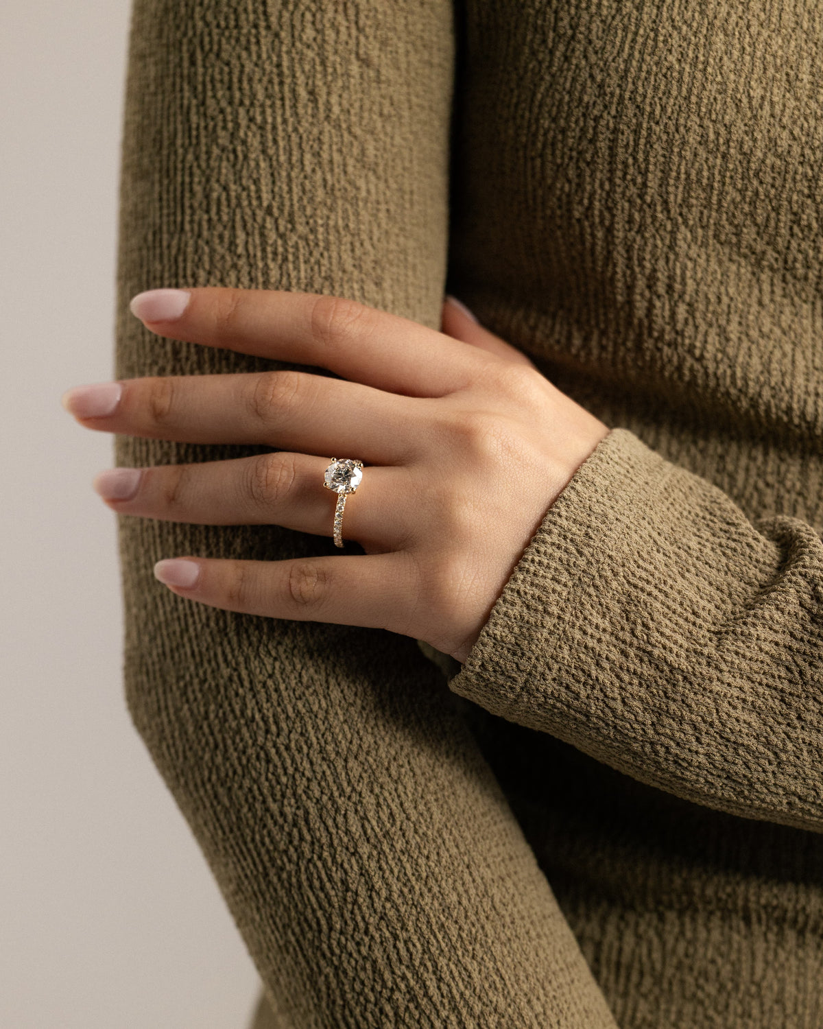 Charlie - Round Claw Solitaire with Hidden Halo and Pave Band Engagement Ring - Yellow Gold