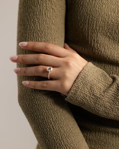 Charlie - Round Claw Solitaire with Hidden Halo and Pave Band Engagement Ring - Yellow Gold