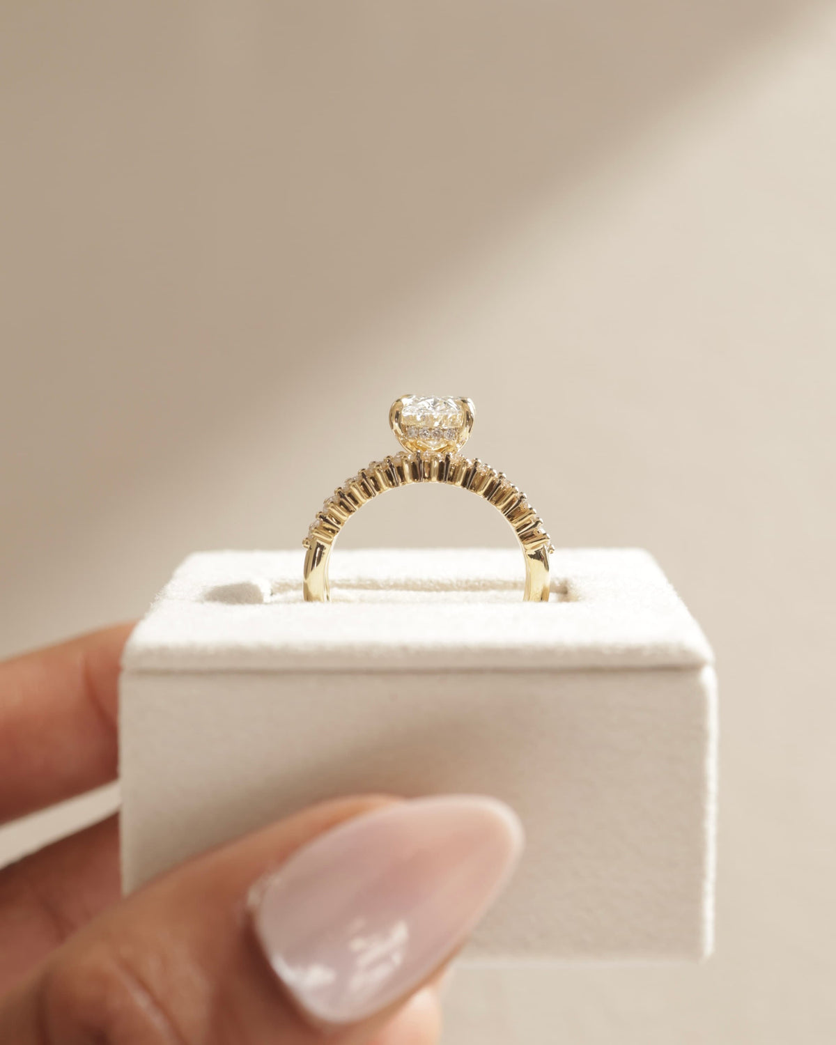Athena - Oval Claw Solitaire with Double Plain-and-Round-Accent Stones Band Engagement Ring - Rose Gold