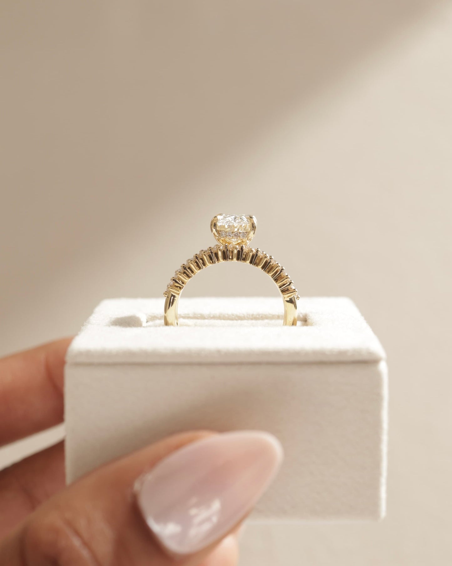 Athena - Oval Claw Solitaire with Double Plain-and-Round-Accent Stones Band Engagement Ring - Yellow Two-Tone