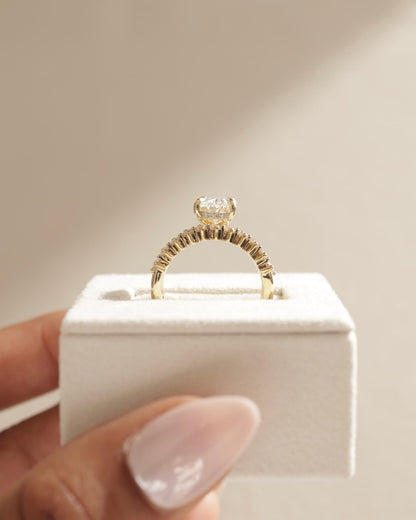 Athena - Oval Claw Solitaire with Double Plain-and-Round-Accent Stones Band Engagement Ring - Rose Two-Tone
