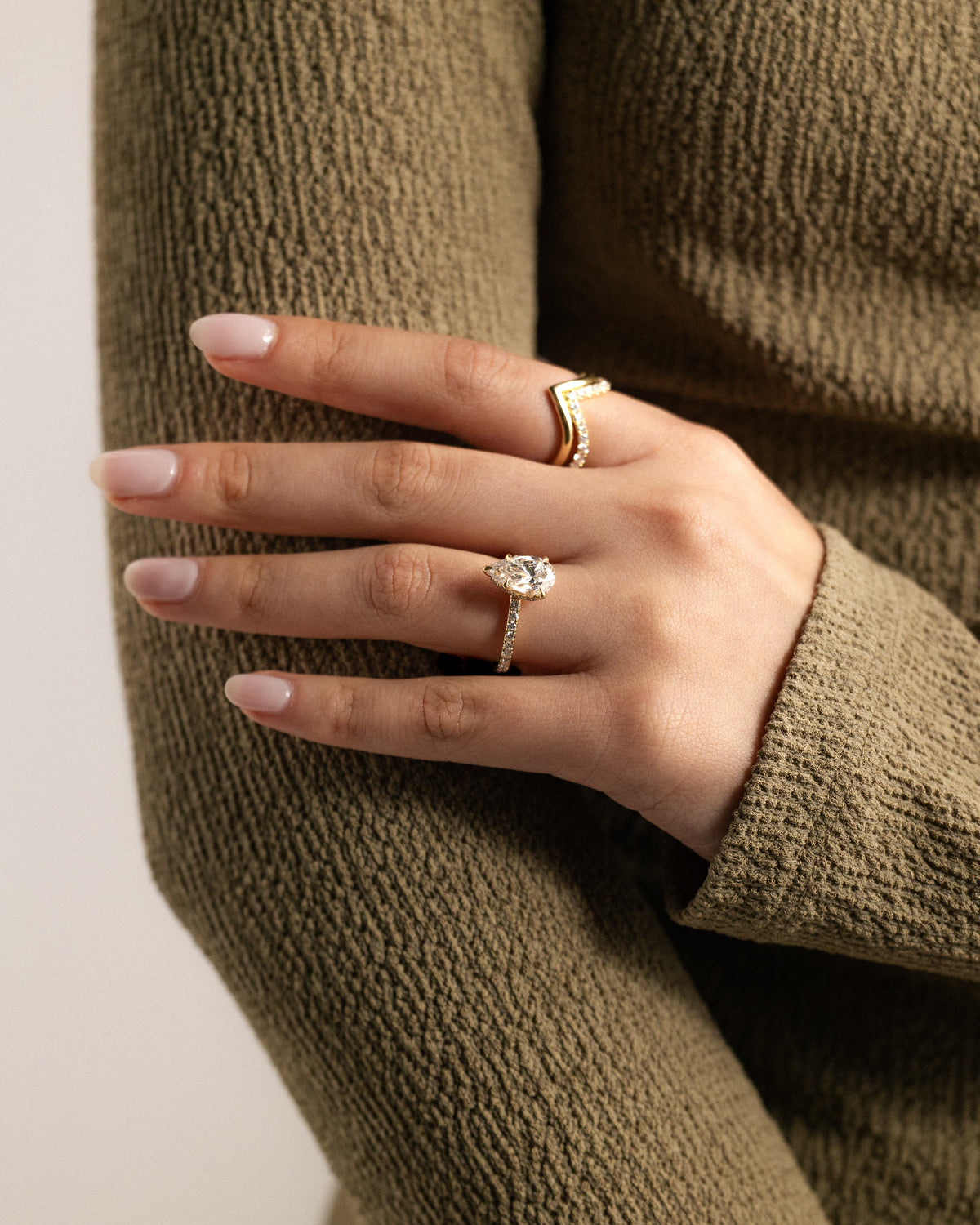 Jordanna - Pear Claw Solitaire with Wrap Around Hidden Halo and Pave Band Engagement Ring - Yellow Gold