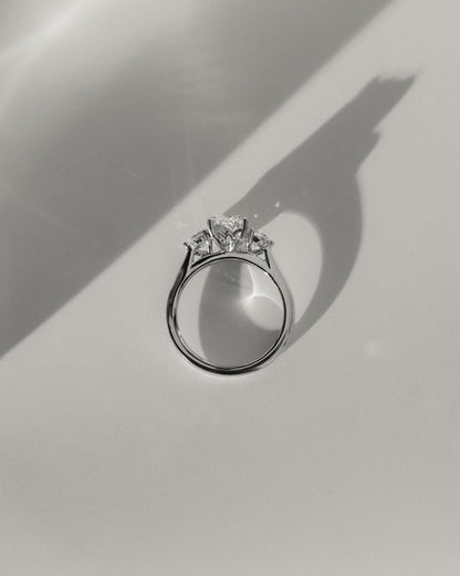 Charmaine - Elongated Cushion Claw Trilogy with Round Side Stones and Lily Detail Engagement Ring - Platinum