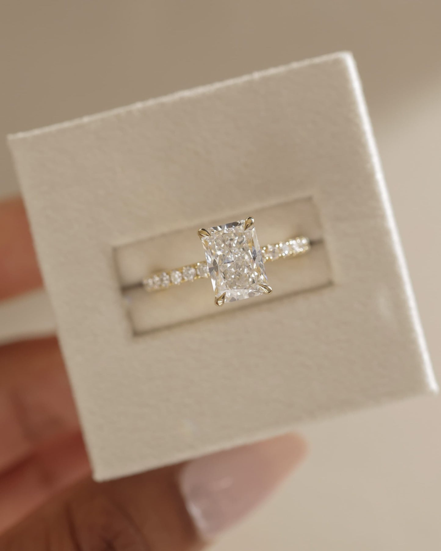 Thea - Radiant Claw Solitaire with Hidden Halo and Pave Band Engagement Ring - Yellow Two-Tone