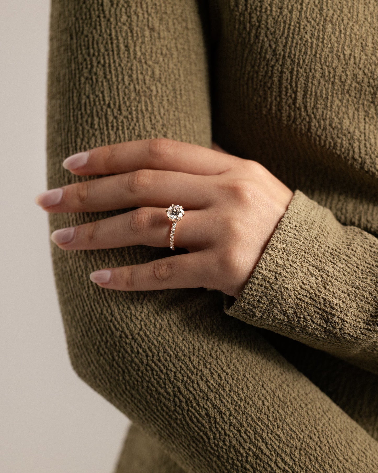 Amanda - Round Claw Solitaire with Wrap Around Hidden Halo and Pave Band Engagement Ring - White Gold - white gold - Lara Jewels