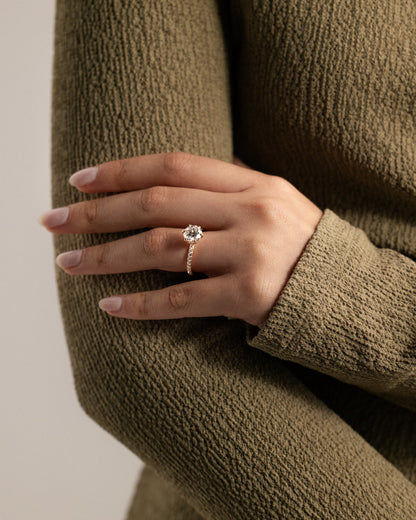 Amanda - Round Claw Solitaire with Wrap Around Hidden Halo and Pave Band Engagement Ring - Yellow Gold - yellow gold - Lara Jewels