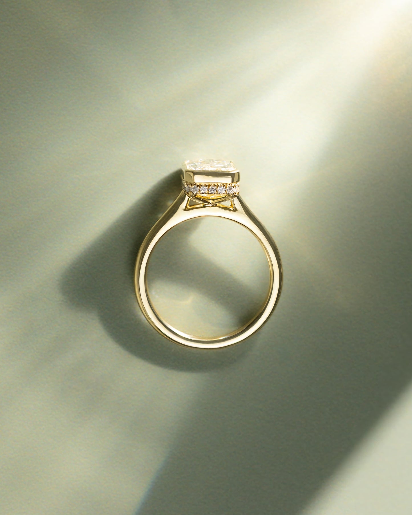 Bennie - Radiant Bezel Solitaire with Hidden Halo and Cathedral High Setting Engagement Ring - Yellow Gold