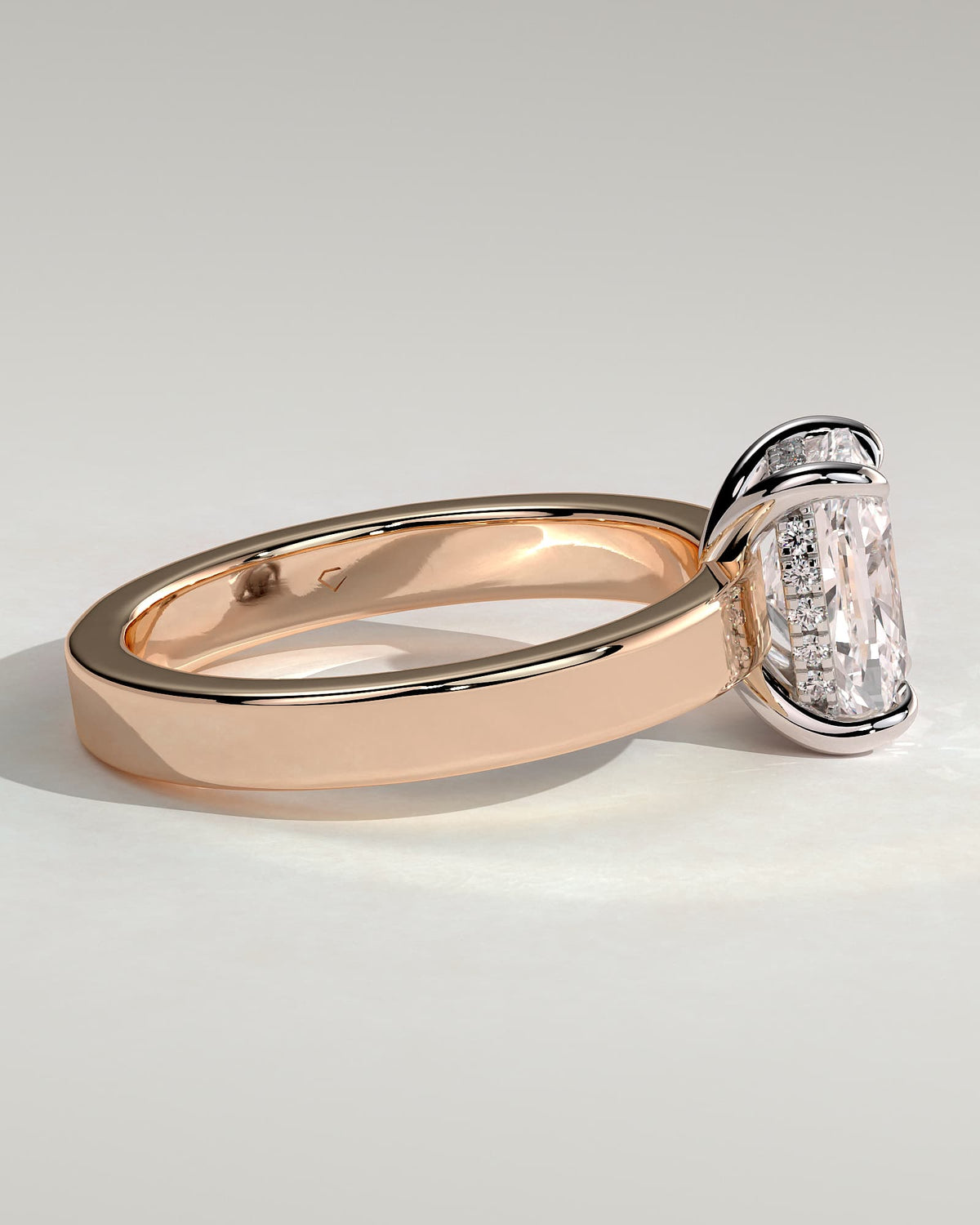 Kai - Elongated Cushion Claw Solitaire with Flat Cigar Band and Hidden Halo Engagement Ring - Rose Two-Tone