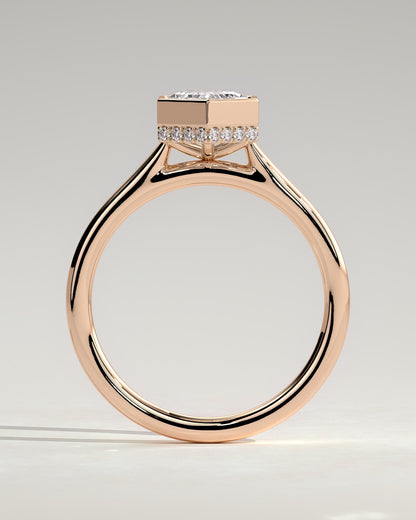 Gloria - Elongated Hexagon Bezel Solitaire with Hidden Halo and Cathedral High Setting Engagement Ring - Rose Gold