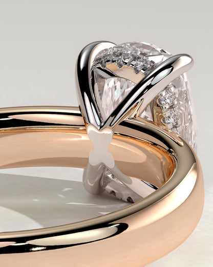 Cora - Elongated Cushion Claw Solitaire with Cigar Band and Hidden Halo Engagement Ring - Rose Two-Tone
