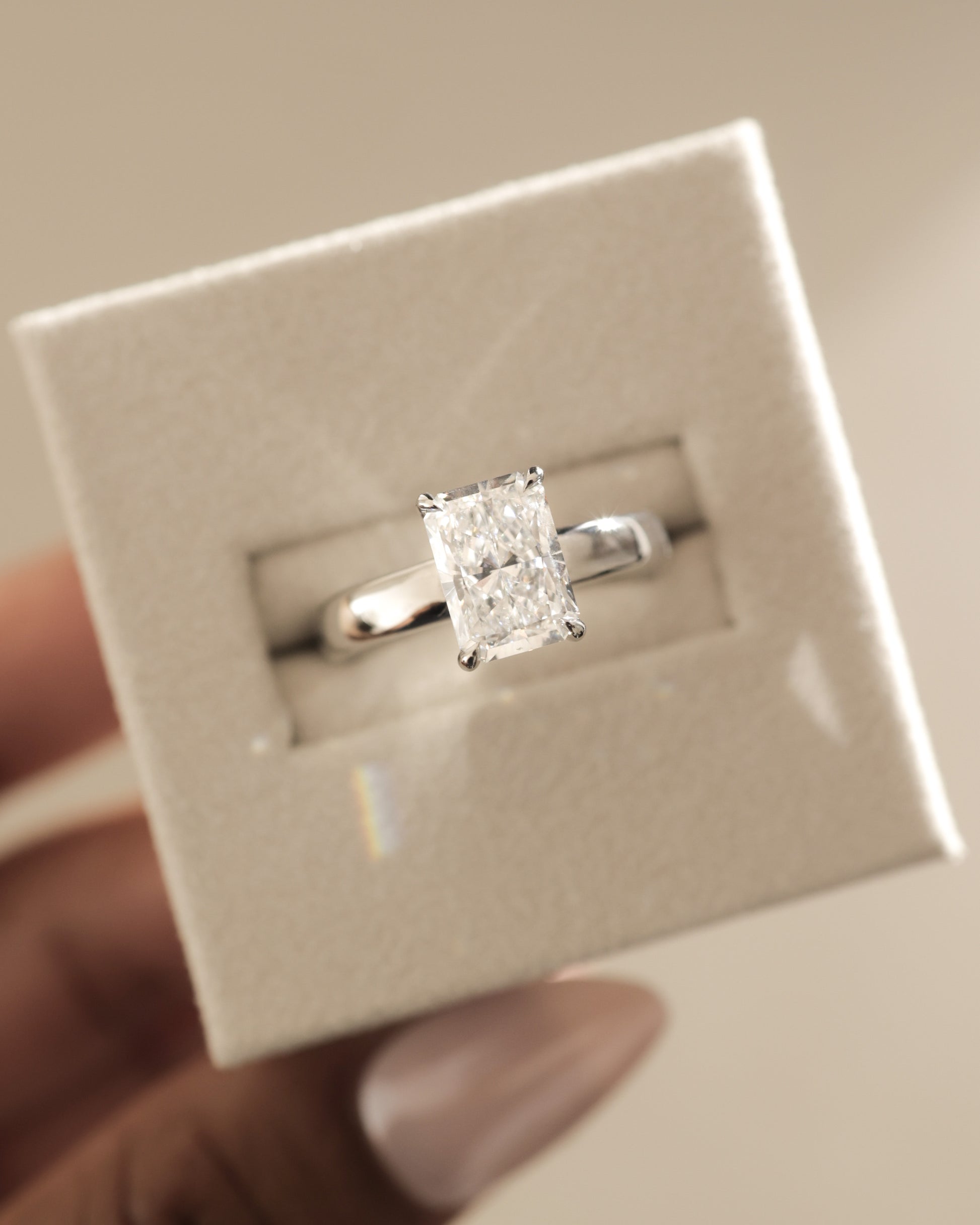 Angelina - Radiant Claw Solitaire with Cigar Band and Hidden Halo Engagement Ring - Platinum - Lifestyle