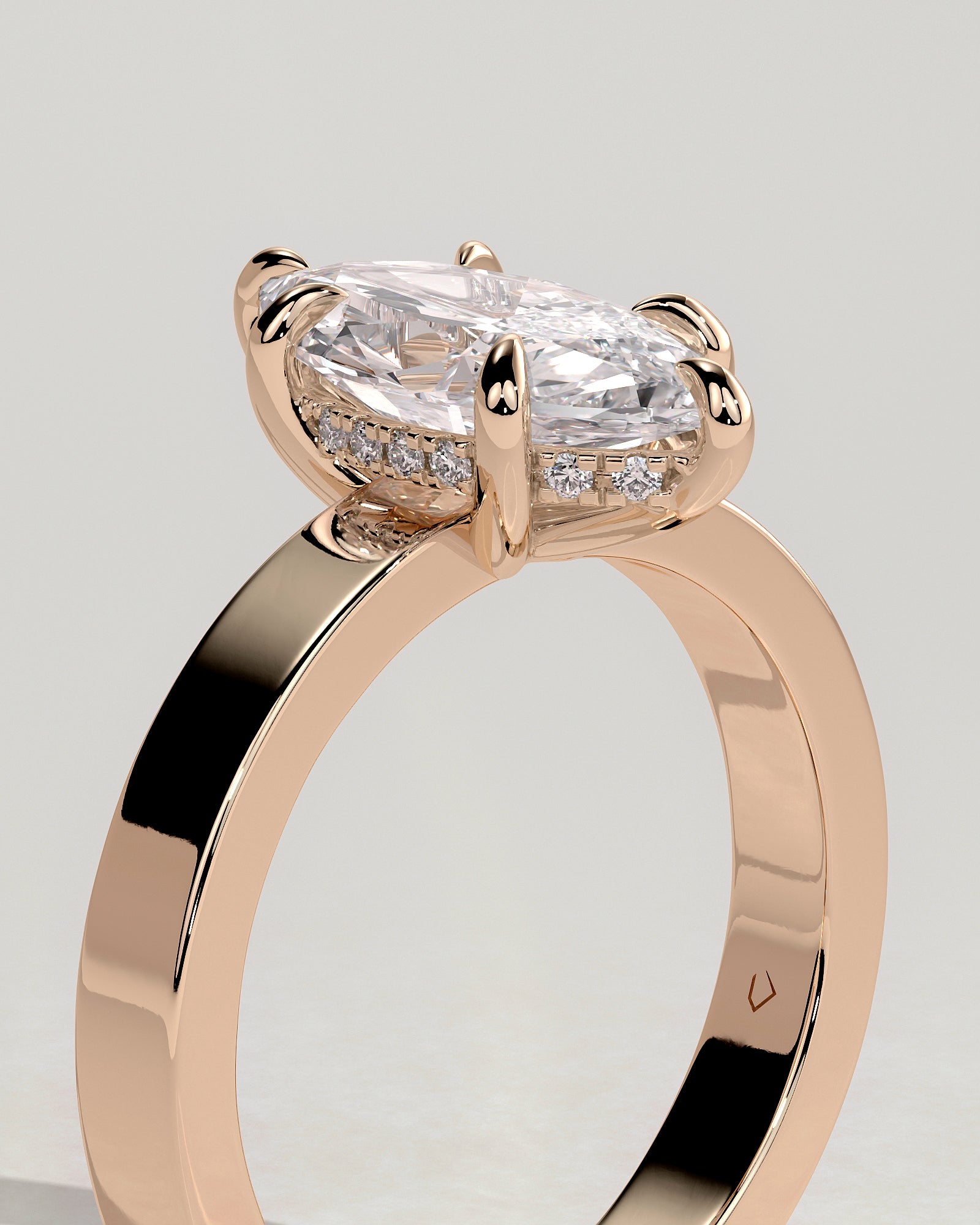 Aisha - Marquise Claw Solitaire with Flat Cigar Band and Hidden Halo Engagement Ring - Rose Gold - Rose Gold 2ct