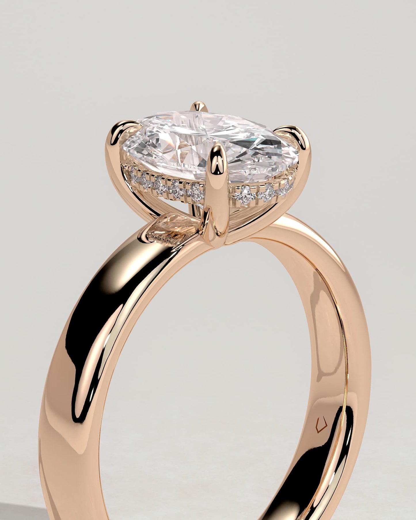 Bronte - Oval Claw Solitaire with Cigar Band and Hidden Halo Engagement Ring - Rose Gold
