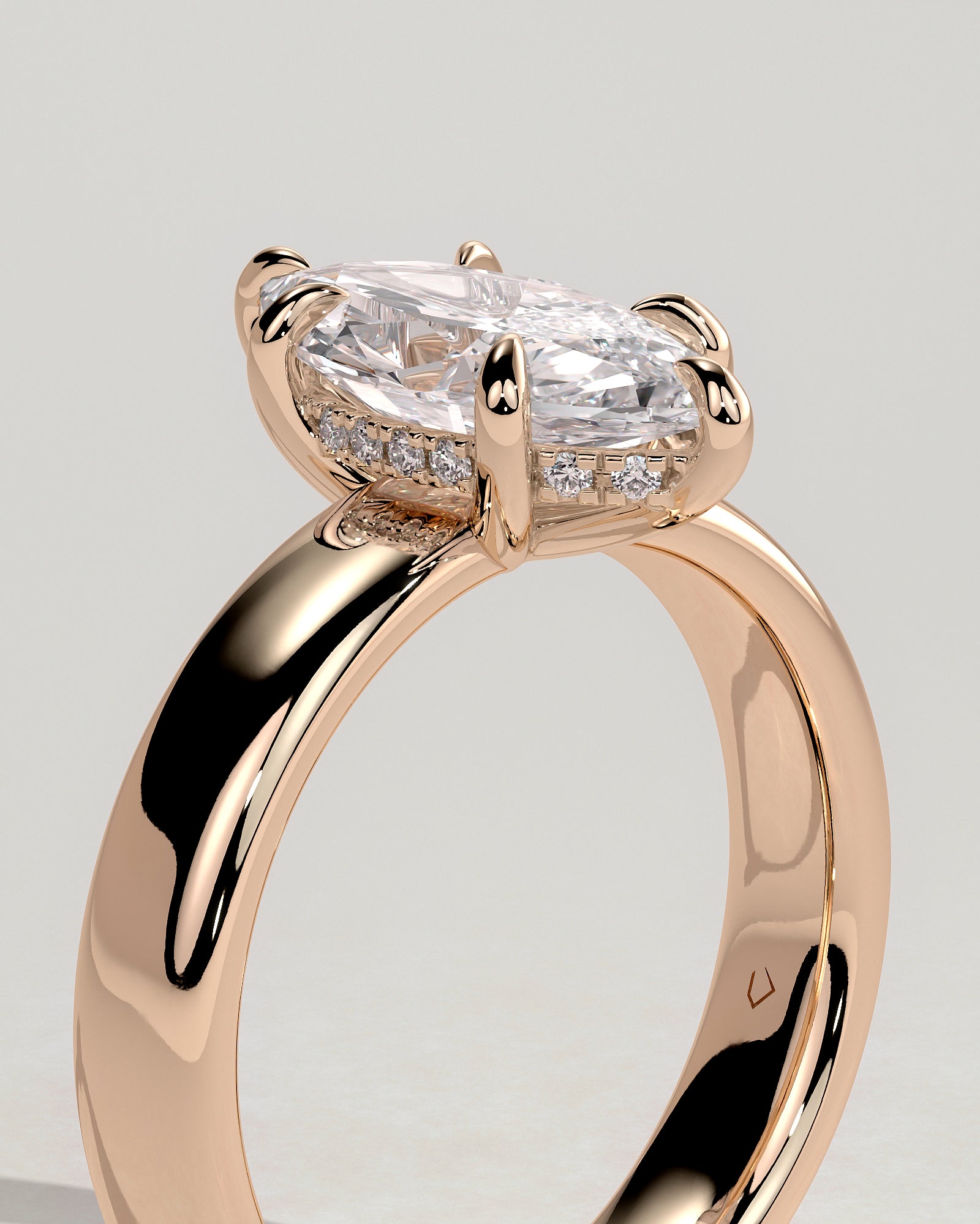 Gigi - Marquise Claw Solitaire with Cigar Band and Hidden Halo Engagement Ring - Rose Gold - Rose Gold 2ct