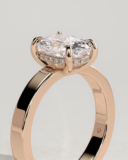 Kai - Elongated Cushion Claw Solitaire with Flat Cigar Band and Hidden Halo Engagement Ring - Rose Gold
