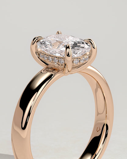 Cora - Elongated Cushion Claw Solitaire with Cigar Band and Hidden Halo Engagement Ring - Rose Gold