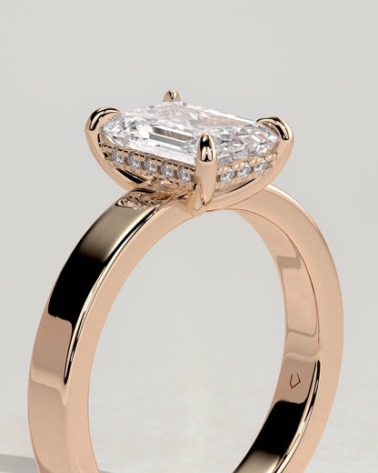 Carmella - Emerald Claw Solitaire with Flat Cigar Band and Hidden Halo Engagement Ring - Rose Gold