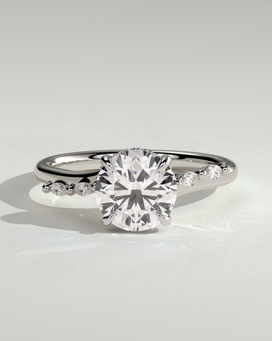 Leslie - Round Claw Solitaire with Hidden Halo, Opposing Marquise Accents and Cathedral High Setting Engagement Ring - Platinum