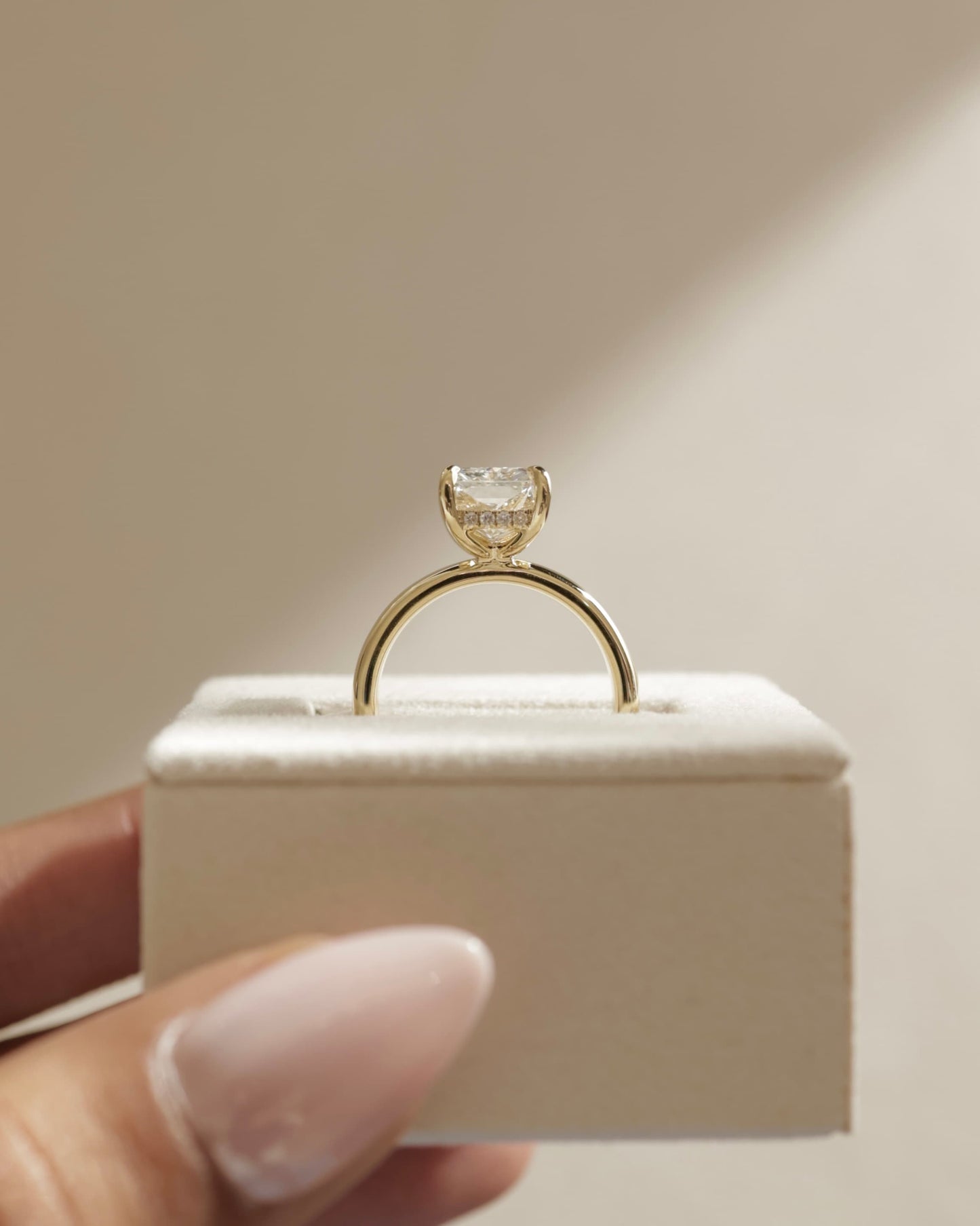 Angelina - Radiant Claw Solitaire with Cigar Band and Hidden Halo Engagement Ring - Yellow Gold - yellow gold - Lara Jewels