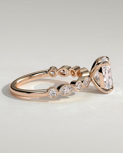 Carrie - Elongated Cushion Claw Solitaire with Round-Marquise Bezel Accent Stones Engagement Ring - Rose Gold