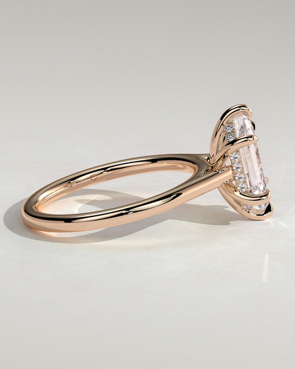Anastasia - Elongated Hexagon Claw Solitaire with Hidden Halo and Cathedral High Setting Engagement Ring - Rose Gold