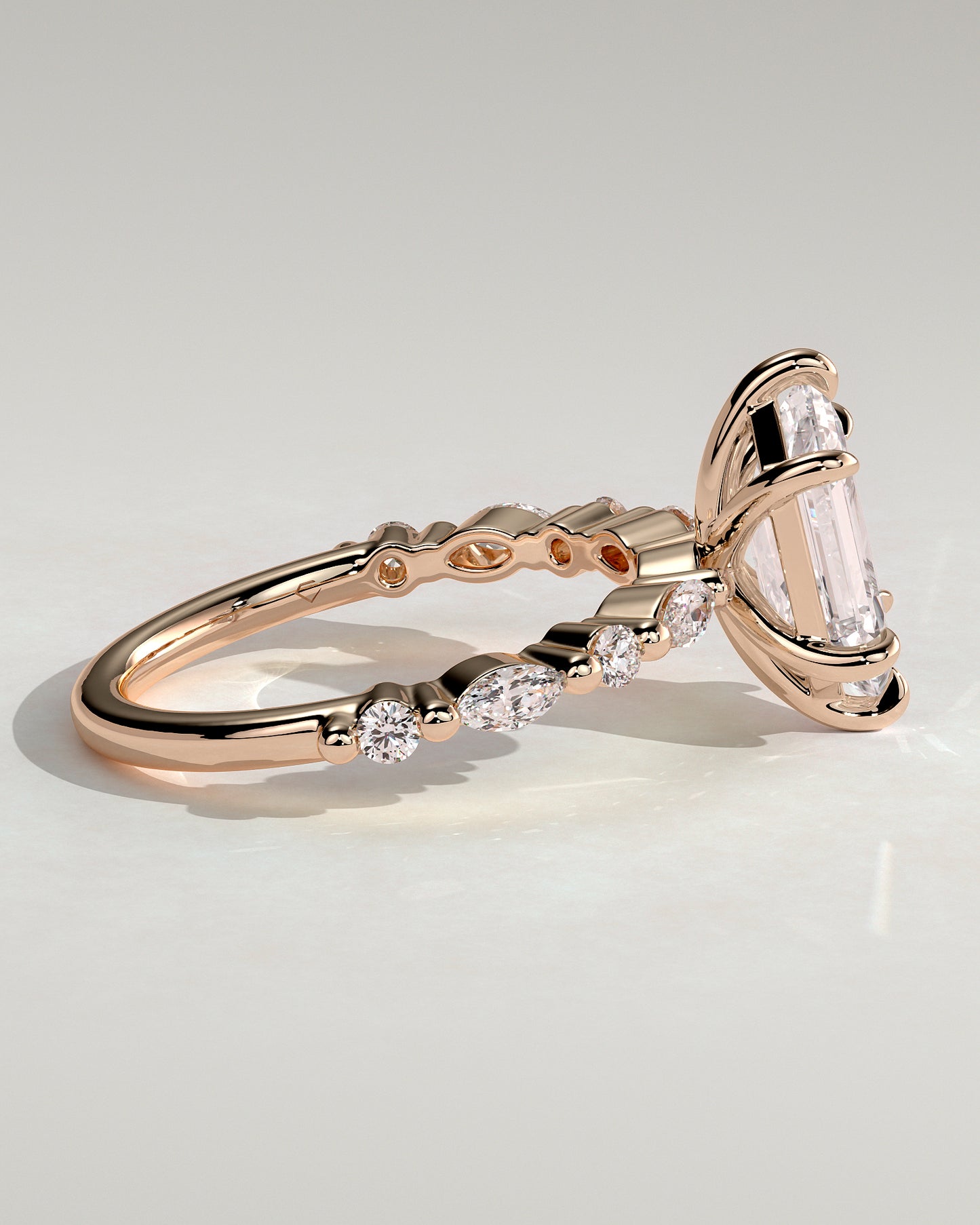 Agnes - Elongated Hexagon Claw Solitaire with Marquise and Round Accent Stones Engagement Ring - Rose Gold - Rose Gold 2ct