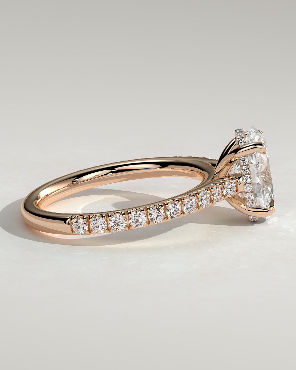 Julia - Oval Claw Solitaire with Hidden Halo, Pave Band and Cathedral High Setting Engagement Ring - Rose Gold