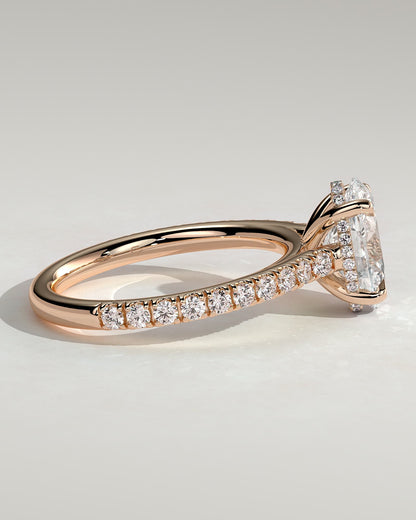 Julia - Oval Claw Solitaire with Hidden Halo, Pave Band and Cathedral High Setting Engagement Ring - Rose Gold