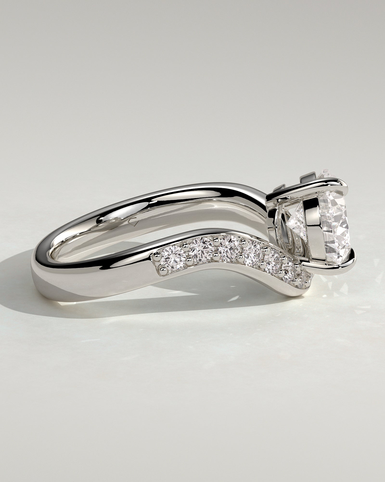 Eliza - Pear Claw Solitaire with Bead Set Pave Wave Band and East West Setting Engagement Ring - Platinum - White Gold / Platinum 2ct