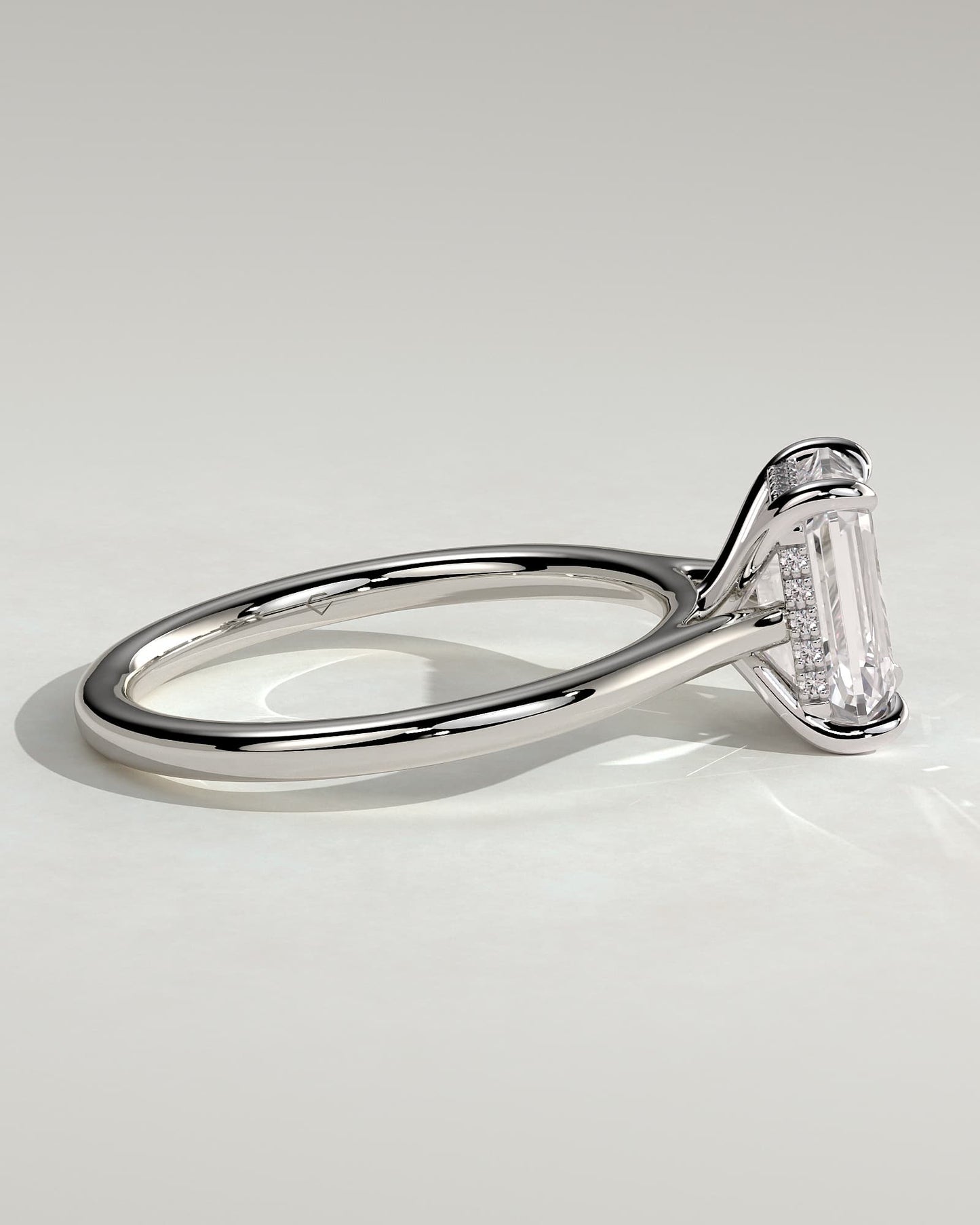Angela - Radiant Claw Solitaire with Hidden Halo, Tapered Band and Cathedral High Setting Engagement Ring - White Gold