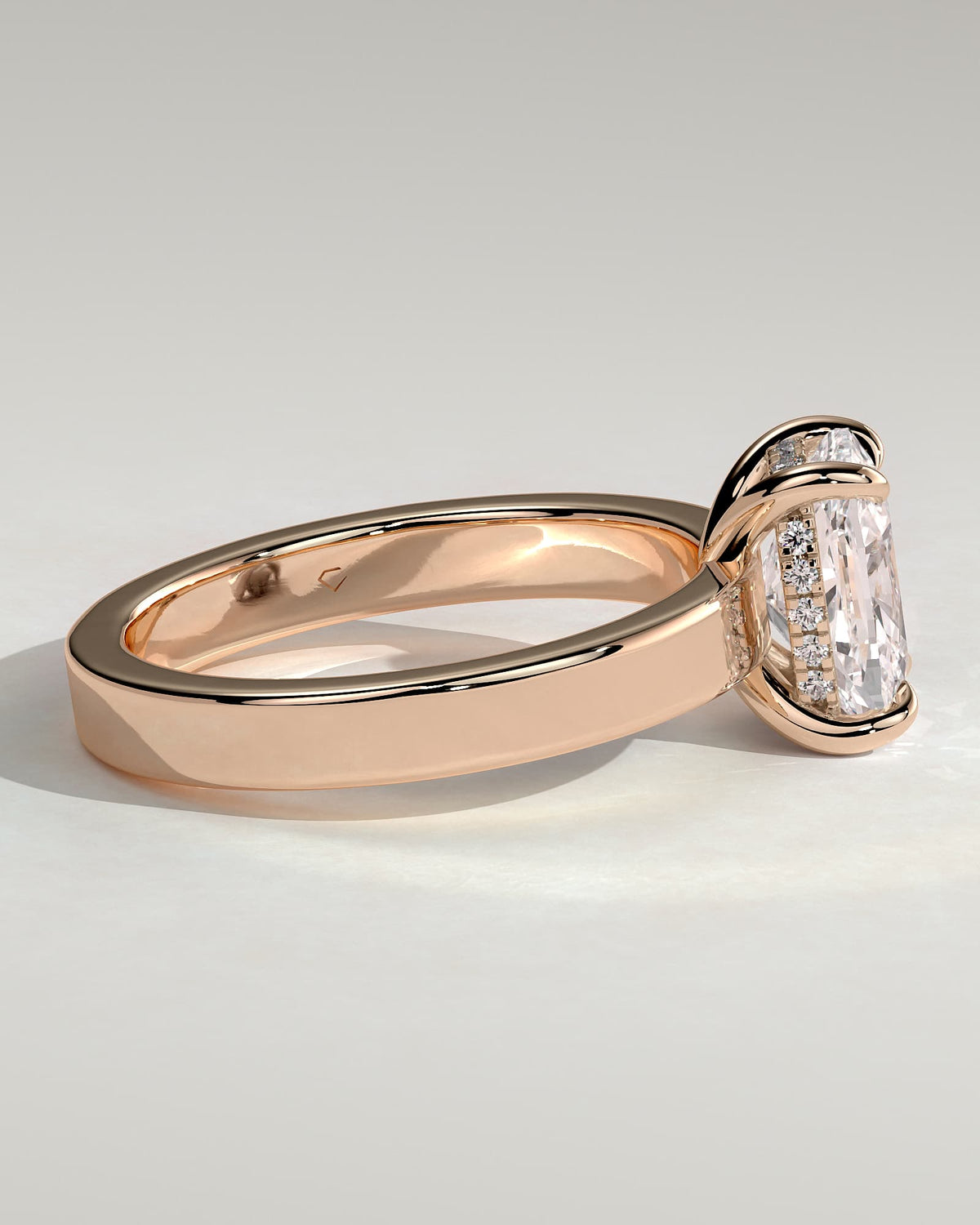 Kai - Elongated Cushion Claw Solitaire with Flat Cigar Band and Hidden Halo Engagement Ring - Rose Gold