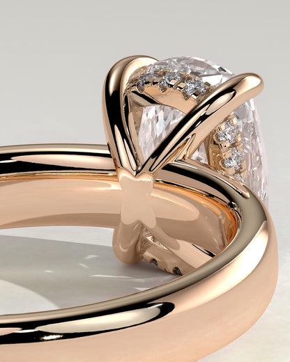 Cora - Elongated Cushion Claw Solitaire with Cigar Band and Hidden Halo Engagement Ring - Rose Gold